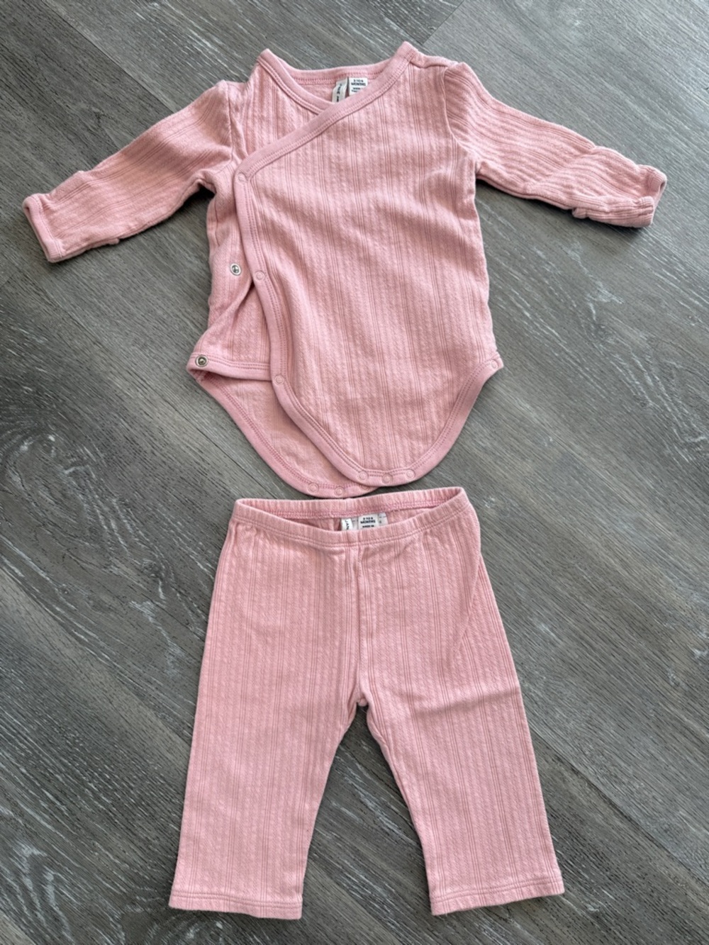Pink Ribbed Baby Long-Sleeve Wrap Matching Set with side snap